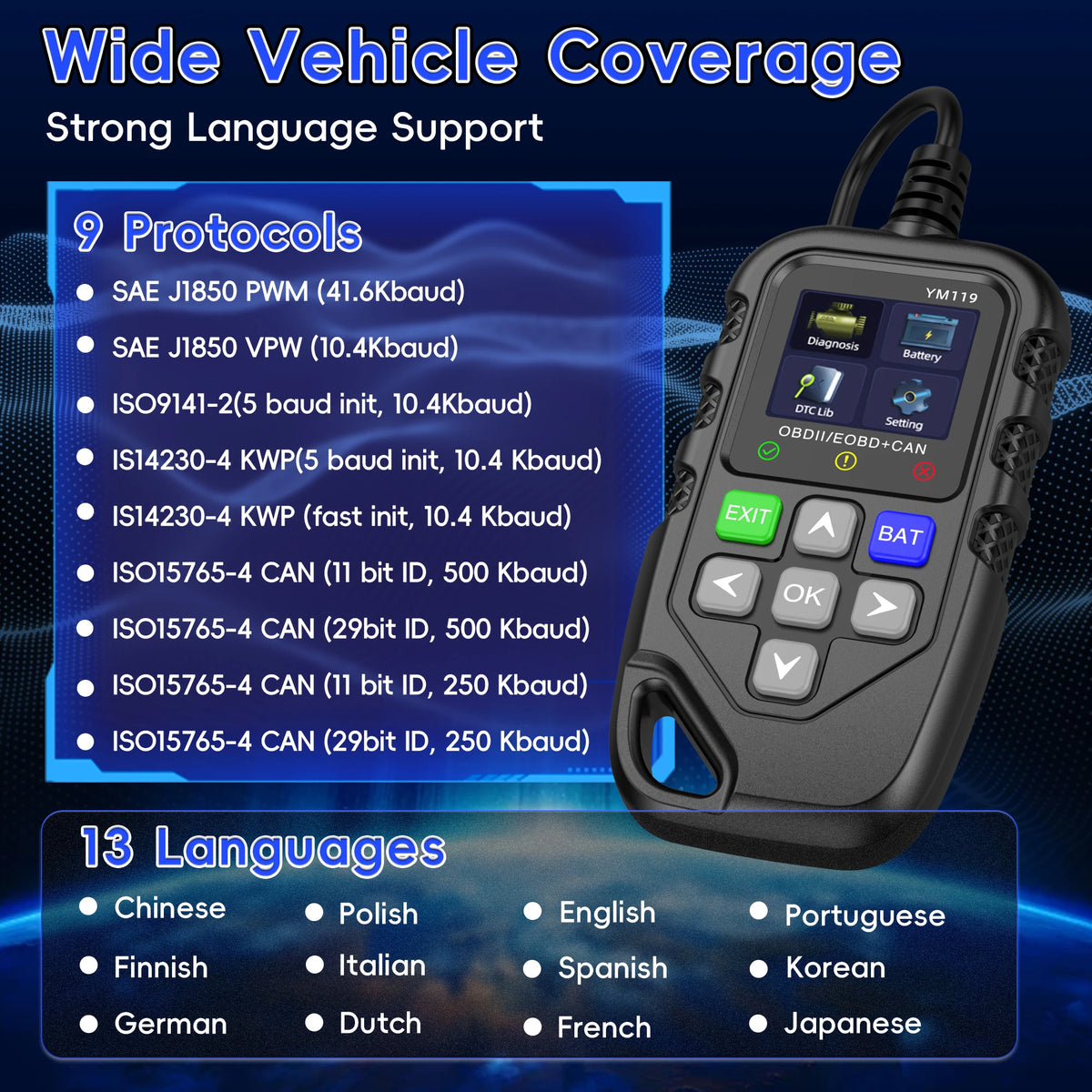 RUOGINSS Car Code Reader, OBD2 Scanner Diagnostic Tool for Cars and Trucks, Check Engine Code Reader, OBD2 Scanner with Reset,