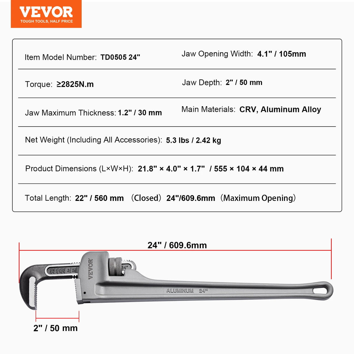 Vevor Pipe Wrench Aluminum Straight Pipe Wrench Adjustable Plumbing Wrench High Strength Jaw & Ergonomic Handle Automotive