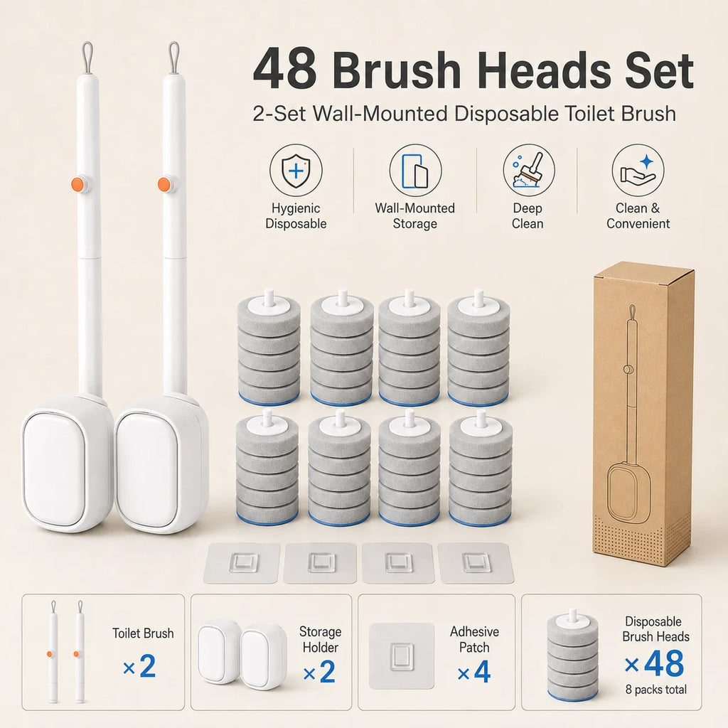 Joybos 2 Sets Disposable Toilet Brush with 48 Brush Heads Total, Replaceable Foaming Refills, Wall-Mounted Auto-Open Holders, Bathroom Toilet Cleaning Kit