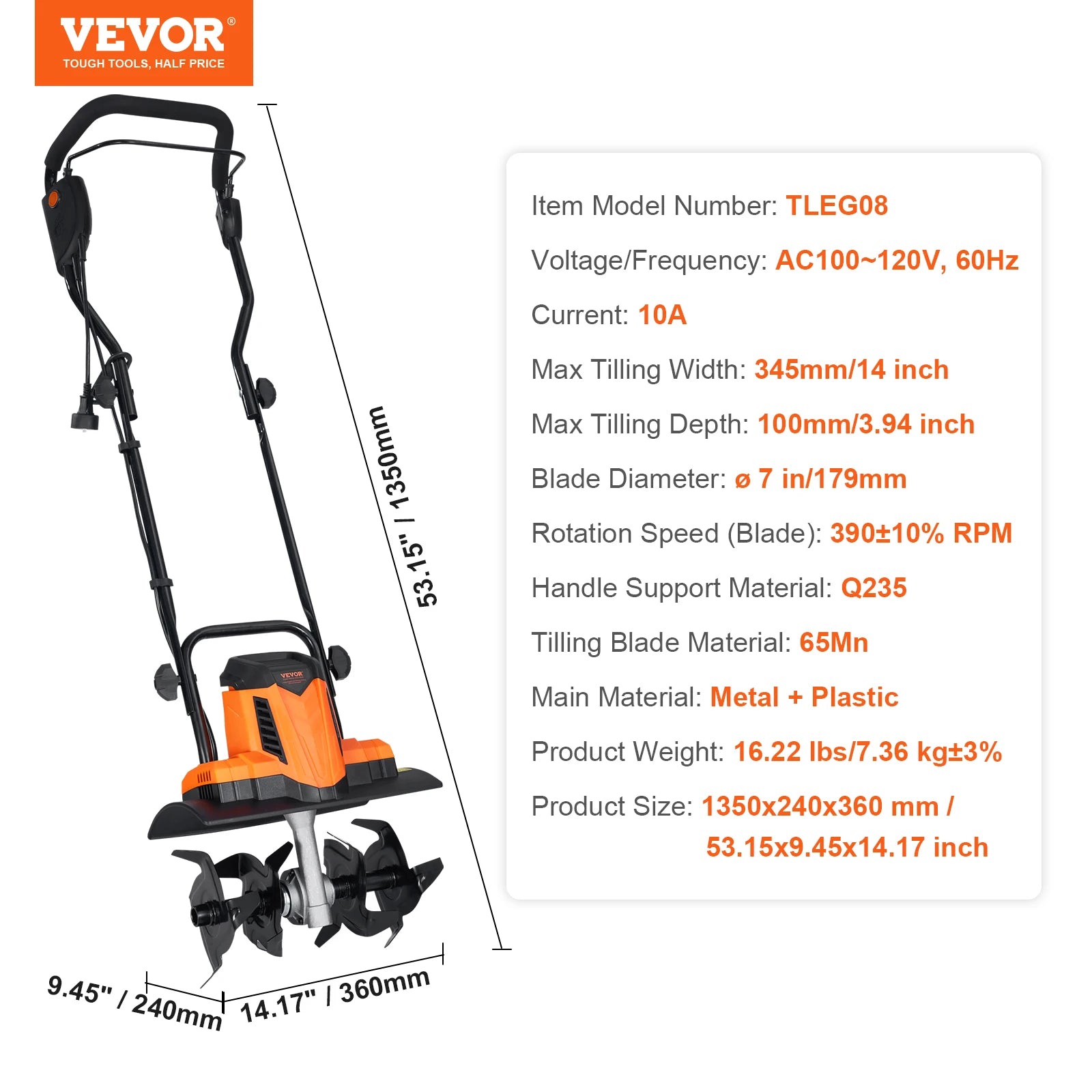 12 Amp Tiller, 18" Tilling Width, 3.94" Tilling Depth, Corded Electric, Steel Tines