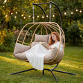 Double Egg Hanging Swing Chair with Stand Cushions Headrest 80"H Metal Basket for Indoor Outdoor Patio Deck Brown, Customized