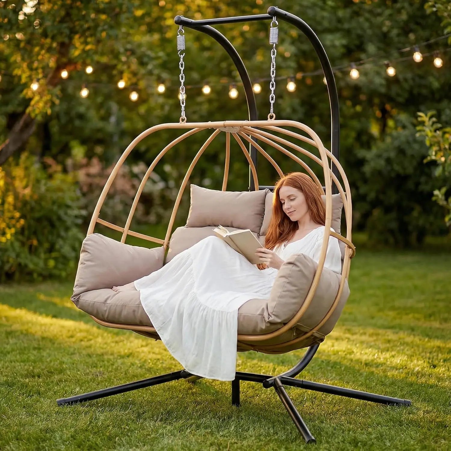 Double Egg Hanging Swing Chair with Stand Cushions Headrest 80"H Metal Basket for Indoor Outdoor Patio Deck Brown, Customized
