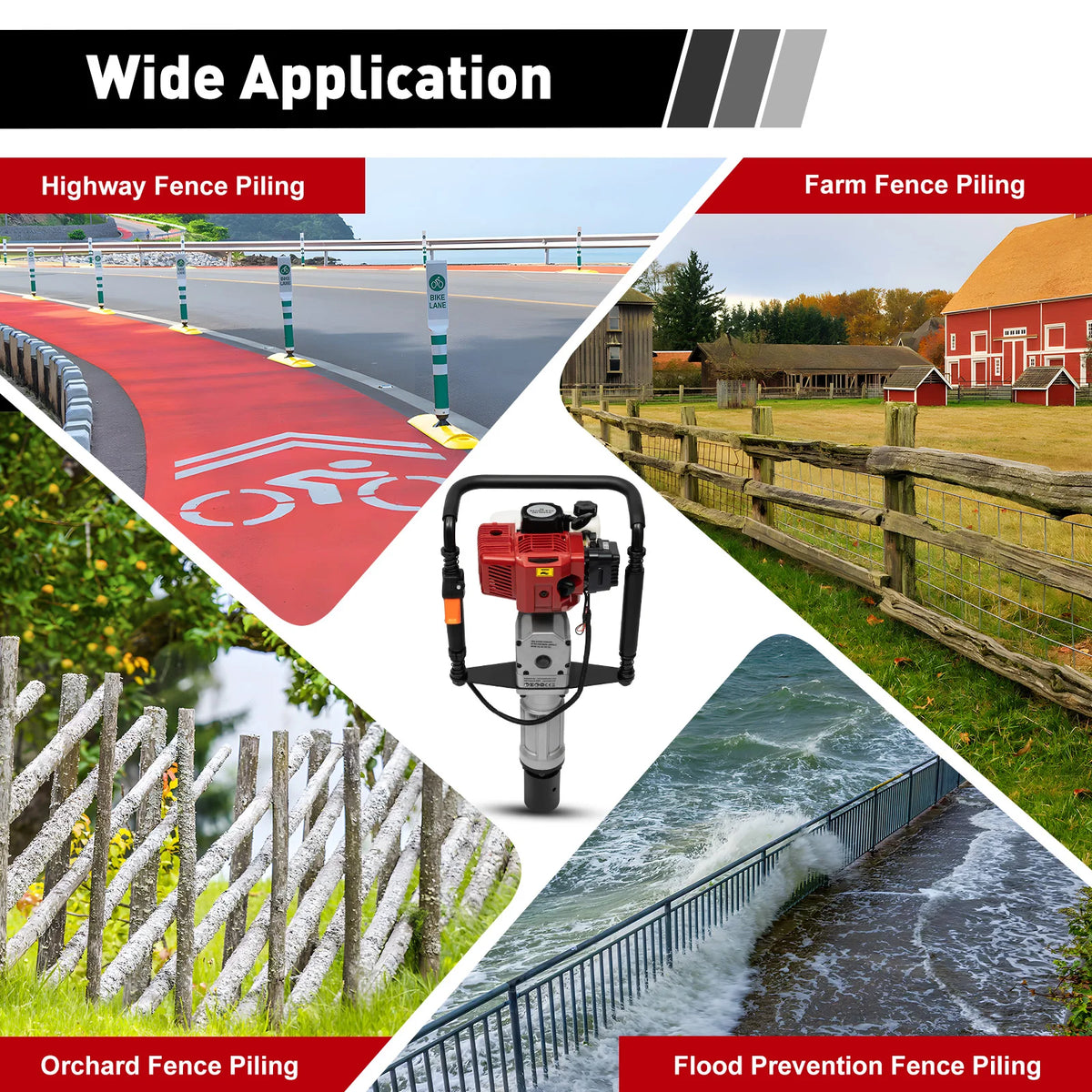 52CC 2-Stroke Gas Post Driver with Anti-Vibration Handle, Heavy Duty Impact Driver for Fencing Construction, Quick Change 2 Socket Sizes for T-Post Wood Post Agricultural Piling Work