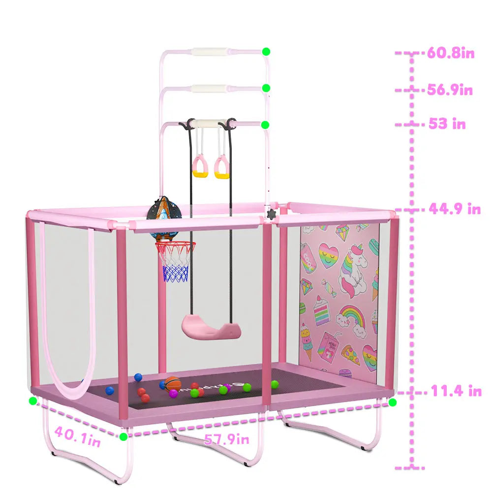 Indoor Kids Trampoline with Safety Enclosure - 6-Leg Steel Frame, UV-Resistant Mat & Rings for Toddlers