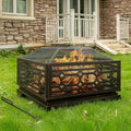Outdoor Fire Pit, 32 Inch Wood Burning Firepit: Outside Firepit With Mesh Cover & Fire Poker, Large Square Metal Firepit, Customized