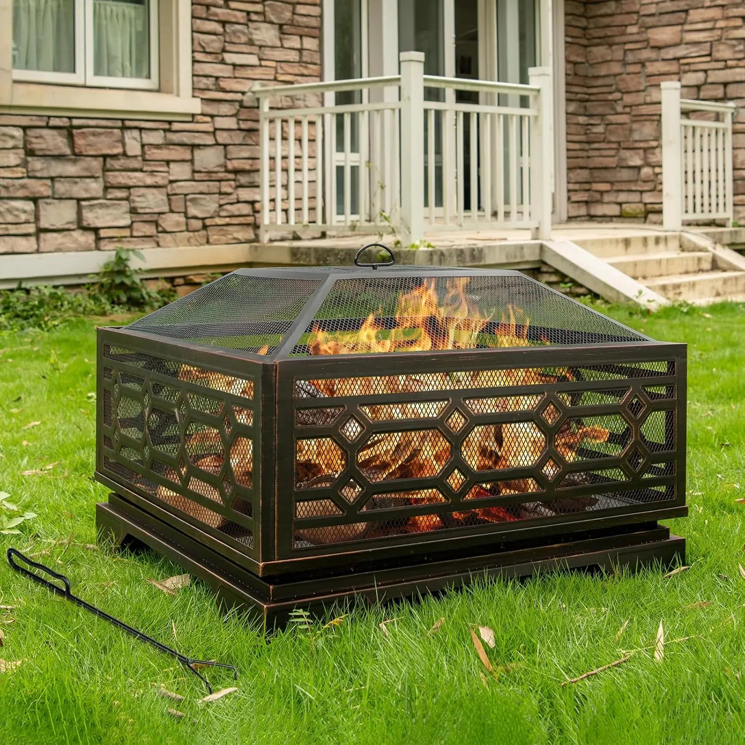 Outdoor Fire Pit, 32 Inch Wood Burning Firepit: Outside Firepit With Mesh Cover & Fire Poker, Large Square Metal Firepit, Customized