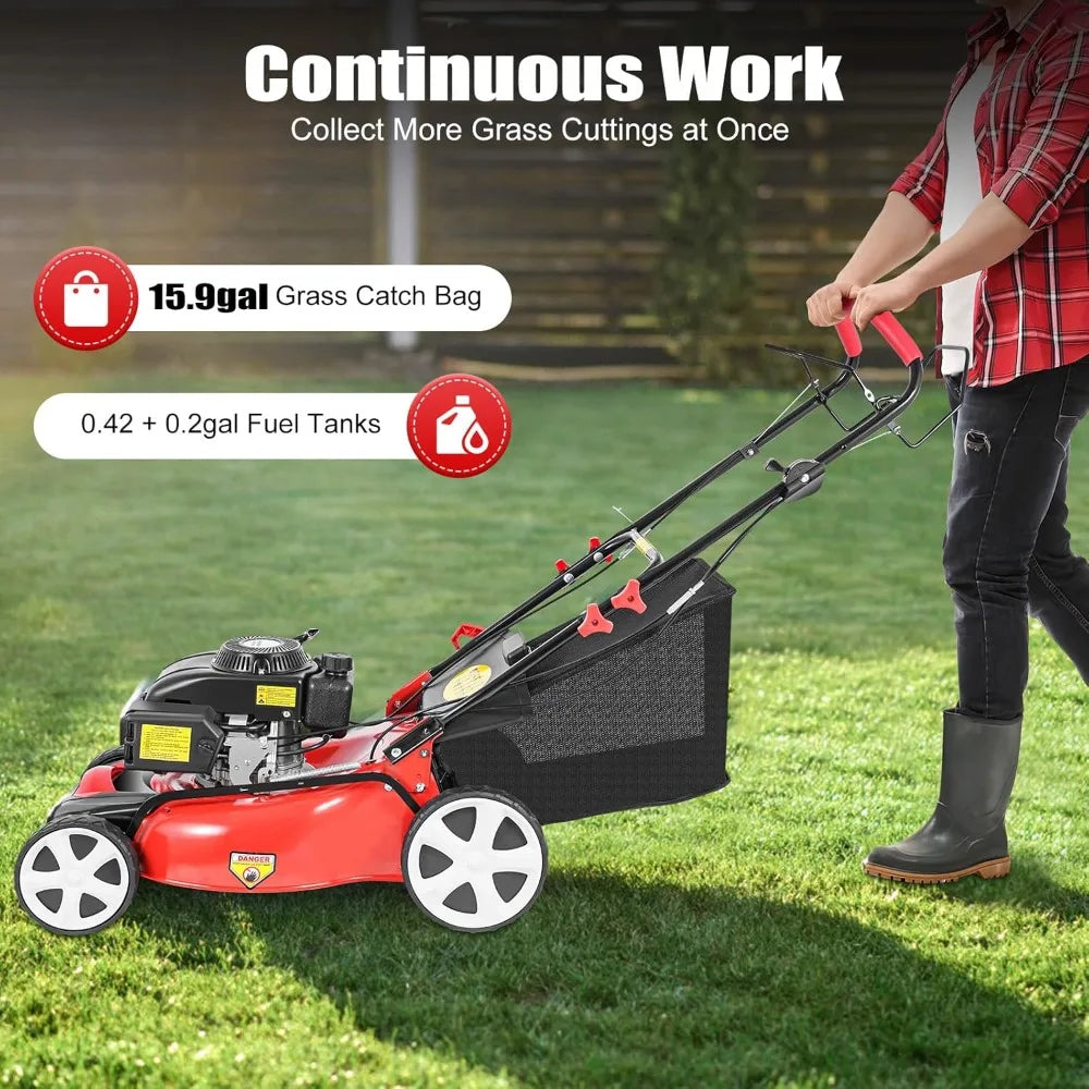 140cc 4-Stroke Self-Propelled Gas Lawn Mower, 20.5in High Wheel RWD, With Bag, Adjustable Height