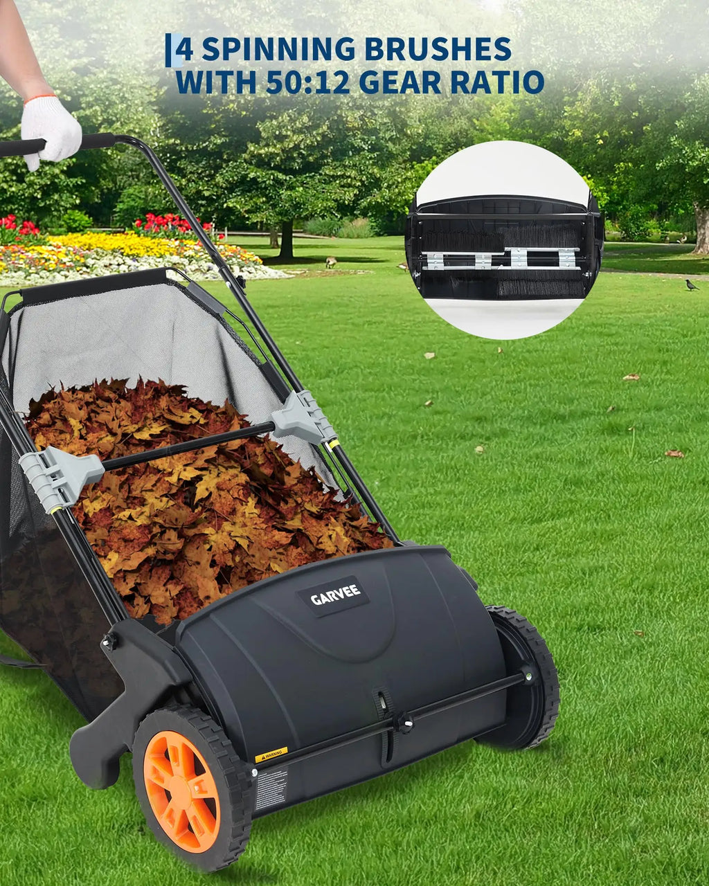 Garvee Manual Lawn Sweeper 21-Inch Push Leaf Sweeper With 4 Brushes, 3.5 Cu. Ft. Hopper, Height Adjustable For Yard, Patio, Driveway