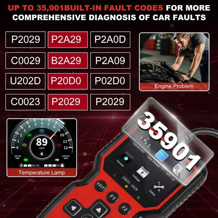 V629 OBD-II Car Fault Code Reader, 12V Gasoline Vehicle Scanner for DIY & Repair Shop, Read & Clear Engine Trouble Codes, View Live Data