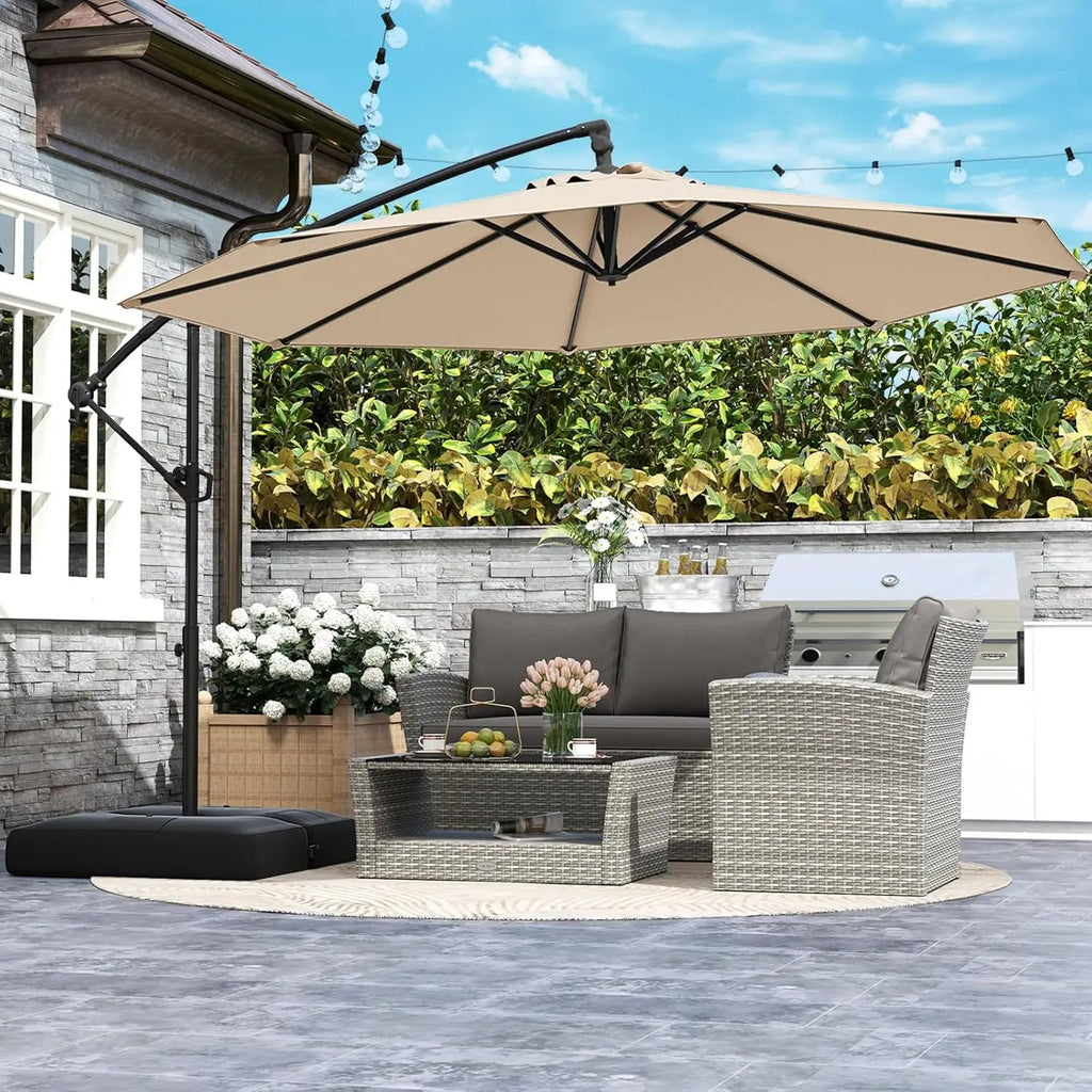 10ft Patio Umbrella with Base, Offset Cantilever Outdoor Umbrella with Infinite Tilt, 360 Degree Rotation, Crank, Customized