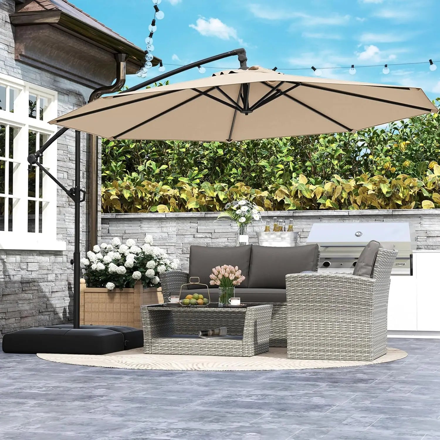 10ft Patio Umbrella with Base, Offset Cantilever Outdoor Umbrella with Infinite Tilt, 360 Degree Rotation, Crank, Customized