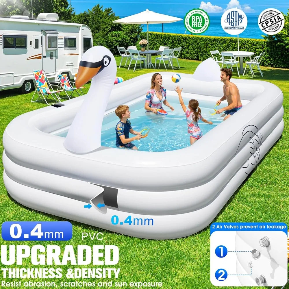 Solar Swan Inflatable Pool with Lights, Oversized Thickened Family Pool 100"x63"x20"