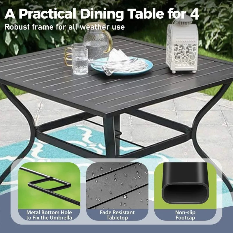 SUNSHINE VALLEY 5/9 Piece Patio Dining Set, Square Table with Umbrella Hole, 4 Metal Brown Chairs, Outdoor Table Chairs Set