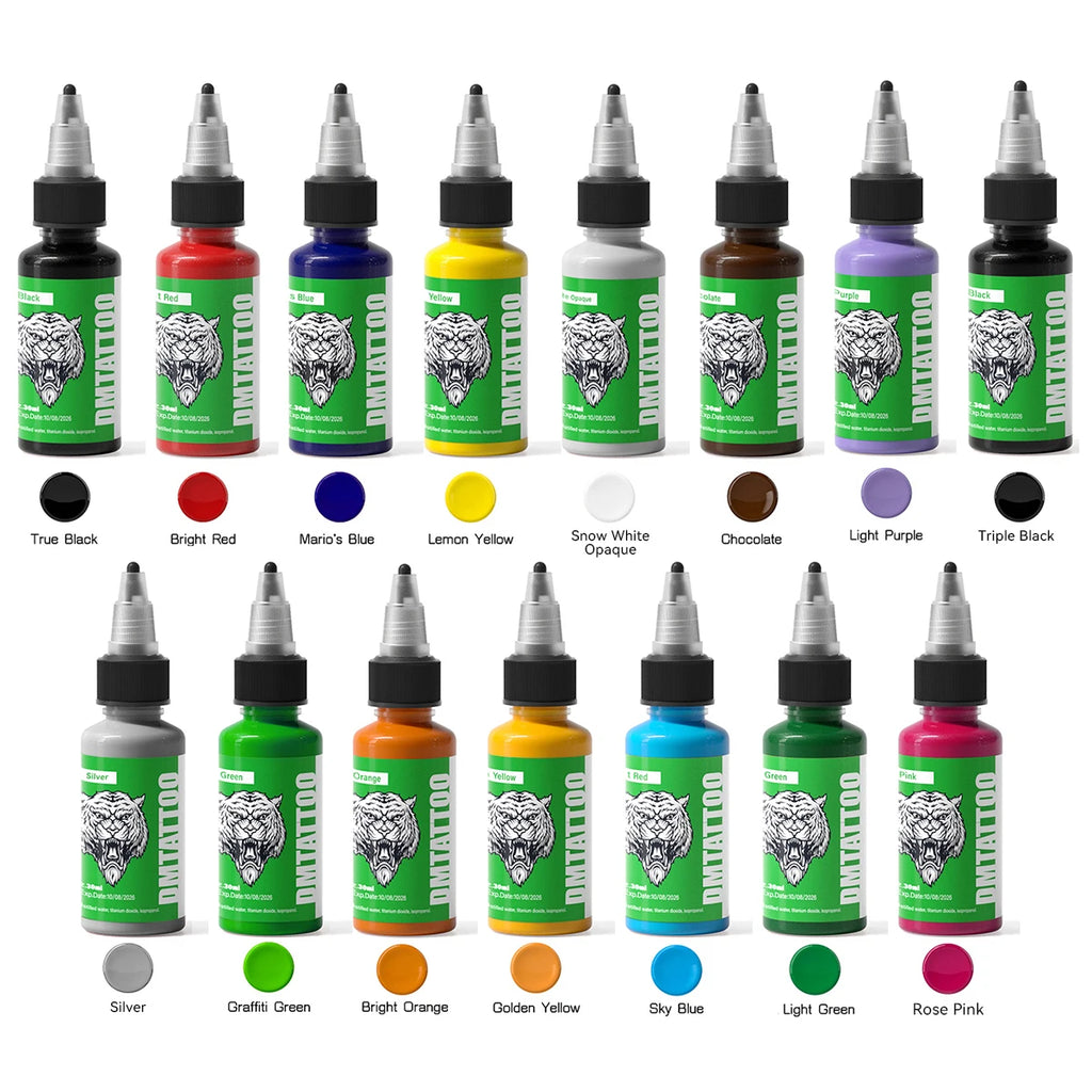 DM 30ml Tattoo Ink, 15 Colors, Natural Plant Extract Pigment Tattoo Paint, Long Lasting No Color Loss Professional Tattoo Ink