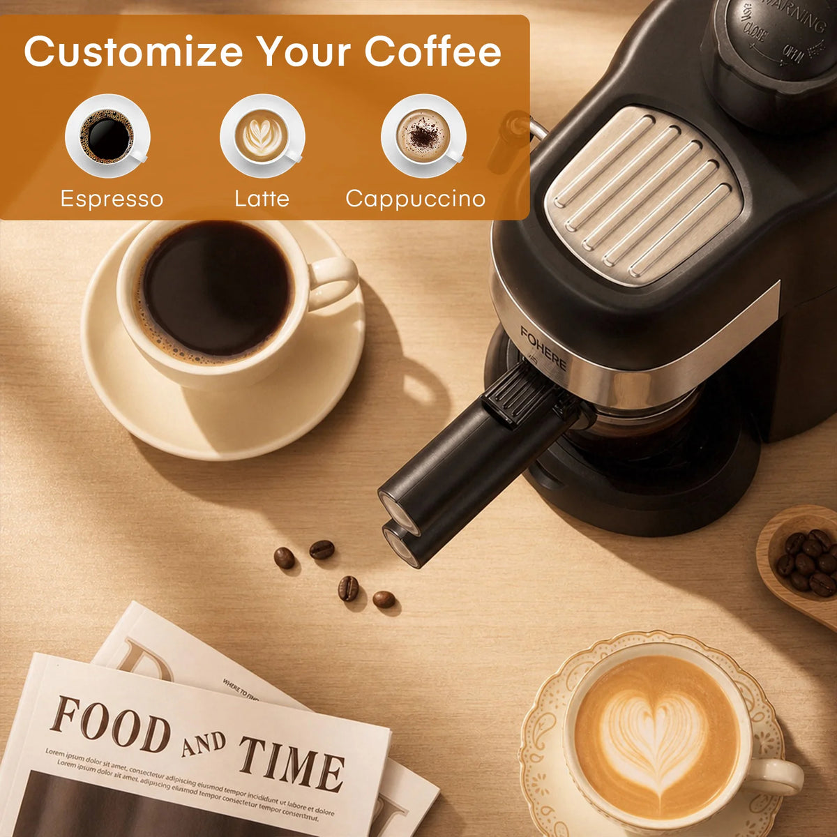 Fohere Steam Espresso Machine, 3.5 Bar 4 Cup, Professional Compact Espresso and Cappuccino Maker with Milk Frother and Carafe for Coffee, Latte and Mocha