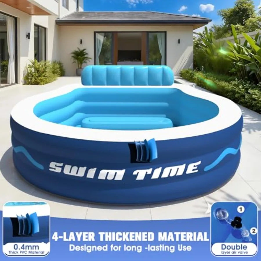 Swim Time Backyard inflatable pool with seat and headrest for adults thickened white PVC oversized 90×90×20 durable family lounging Pool