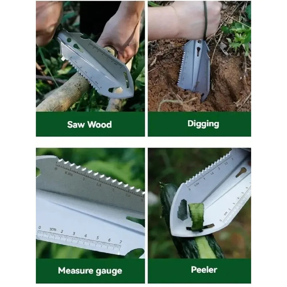 Survival Shovel, Stainless Steel Multi-Tool Camping Spade with Pickaxe & Saw, Portable Tactical EDC Gear for Hiking