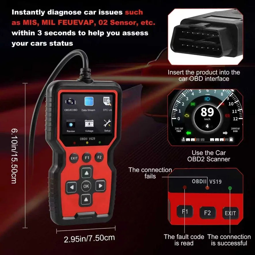 V629 OBD-II Car Fault Code Reader, 12V Gasoline Vehicle Scanner for DIY & Repair Shop, Read & Clear Engine Trouble Codes, View Live Data