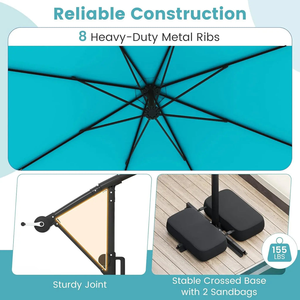 10 FT Solar Patio Umbrella with Base Included, Cantilever Offset Hanging Outdoor Umbrella with 96 Multi-Colored Solar Lights