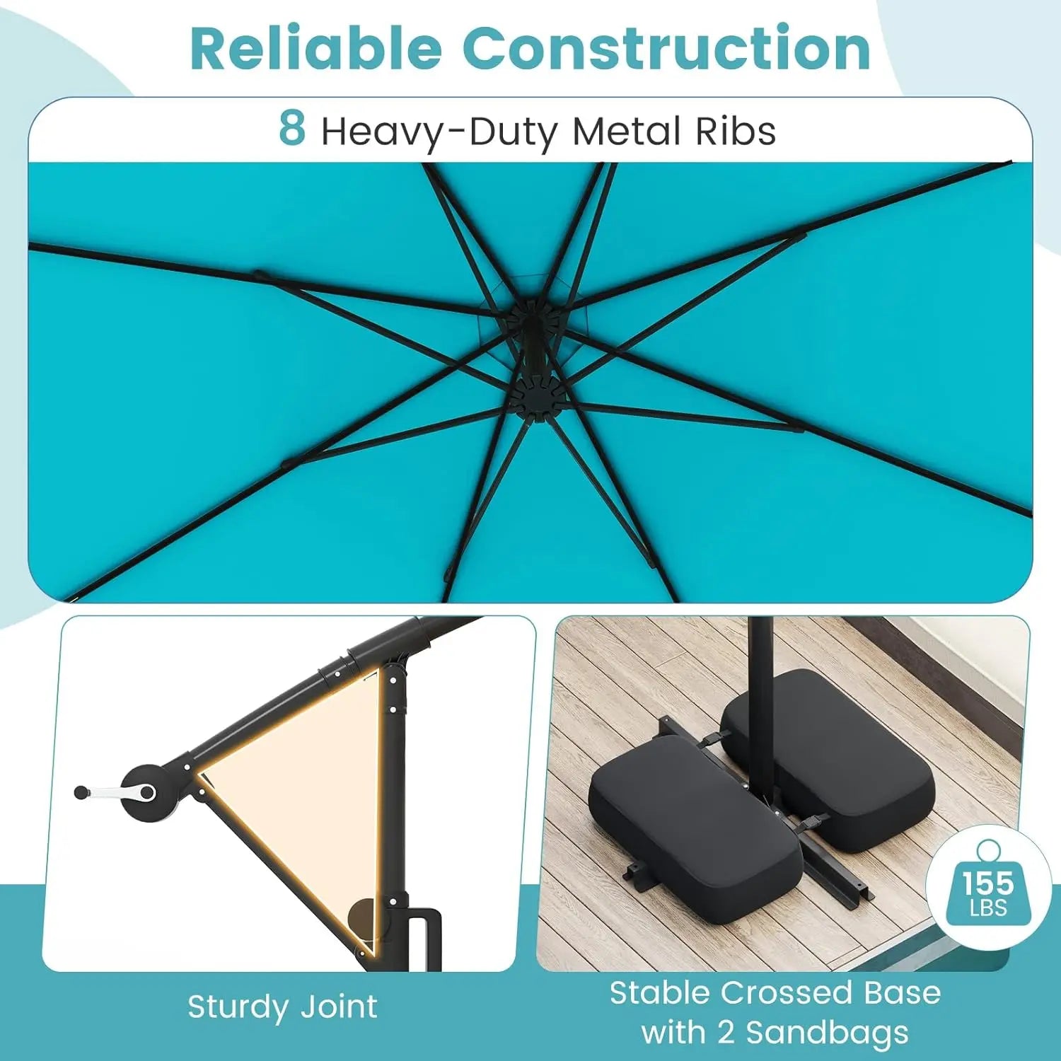 10 FT Solar Patio Umbrella with Base Included, Cantilever Offset Hanging Outdoor Umbrella with 96 Multi-Colored Solar Lights