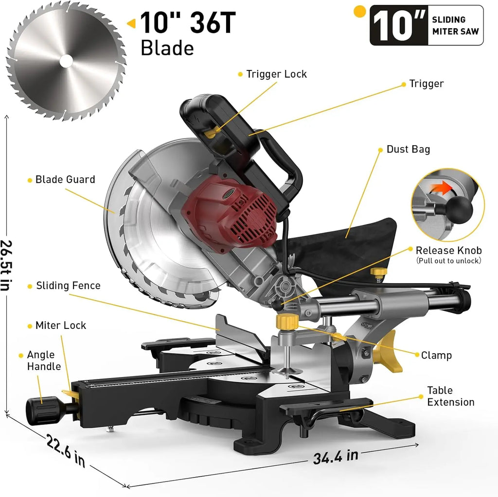 10/12 Inch Single/Dual-Bevel Sliding Compound Miter Saw, 5000/3800RPM, 0-45°, 15 Amp, 36T Blade Precision Cutting