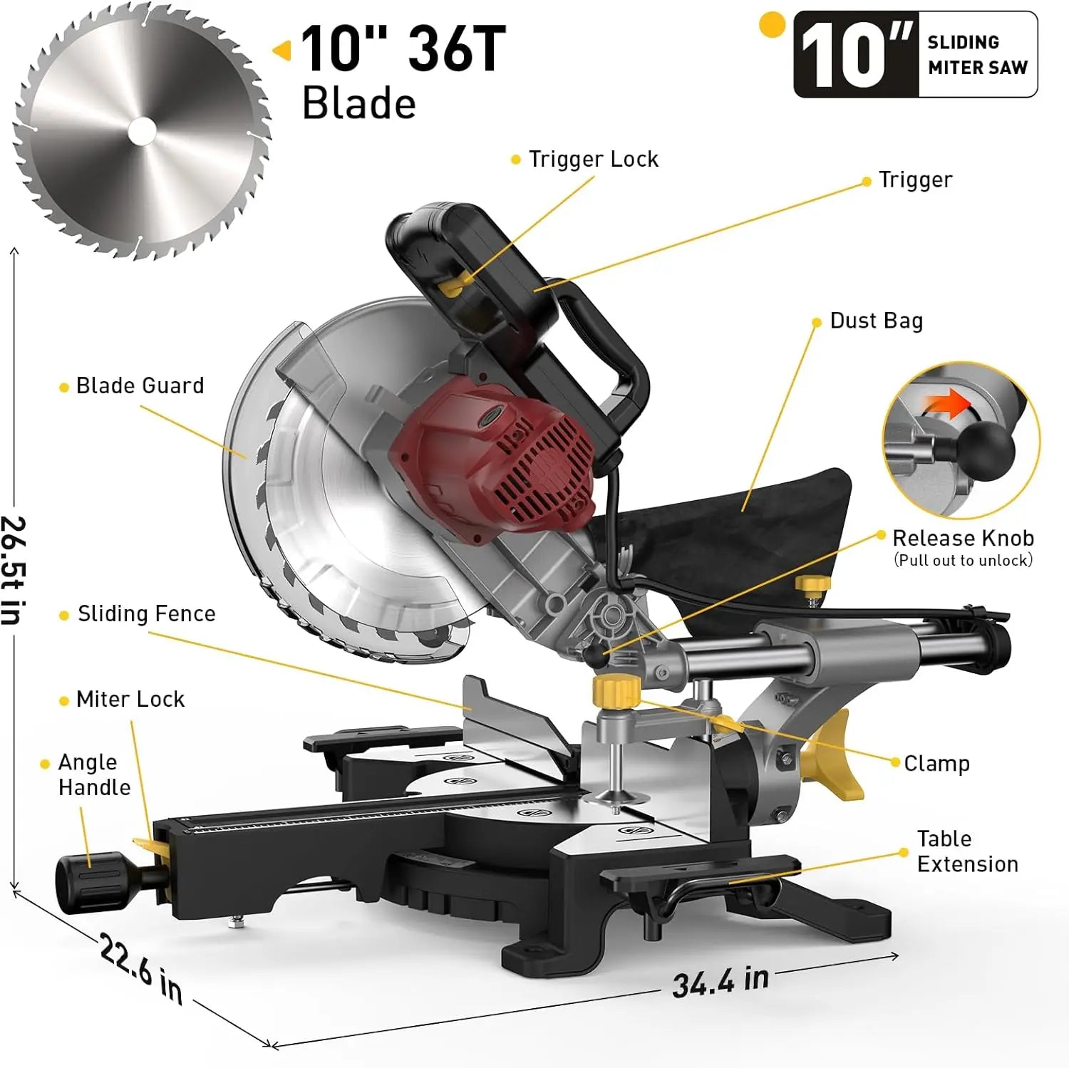 10/12 Inch Single/Dual-Bevel Sliding Compound Miter Saw, 5000/3800RPM, 0-45°, 15 Amp, 36T Blade Precision Cutting