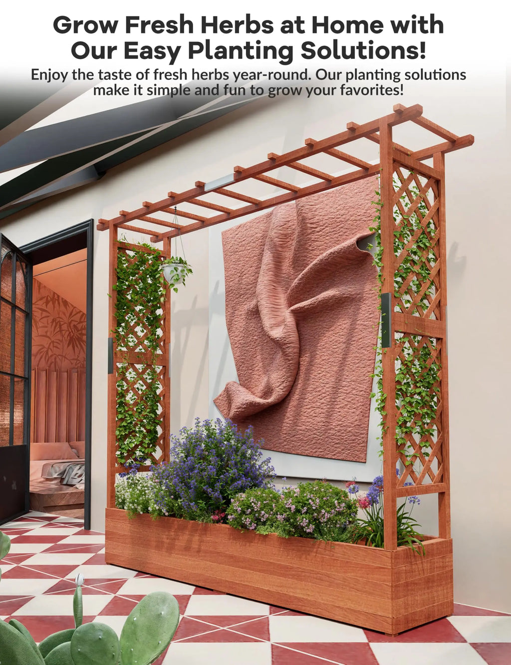 Wooden Raised Garden Bed with Trellis/Canopy/Drainage Hole Freestanding Planter Box for Climbing Plants Vines Blossoms