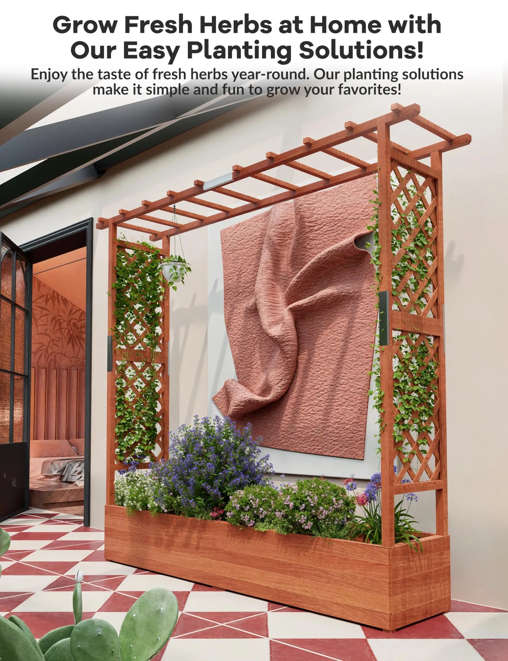 Wooden Raised Garden Bed with Trellis/Canopy/Drainage Hole Freestanding Planter Box for Climbing Plants Vines Blossoms
