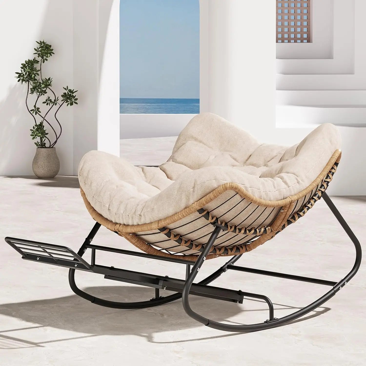 Oversized Rattan Rocking Chair with Footrest Cushioned Lounge for Patio Garden Bedroom Balcony 550Lbs Capacity, Customized