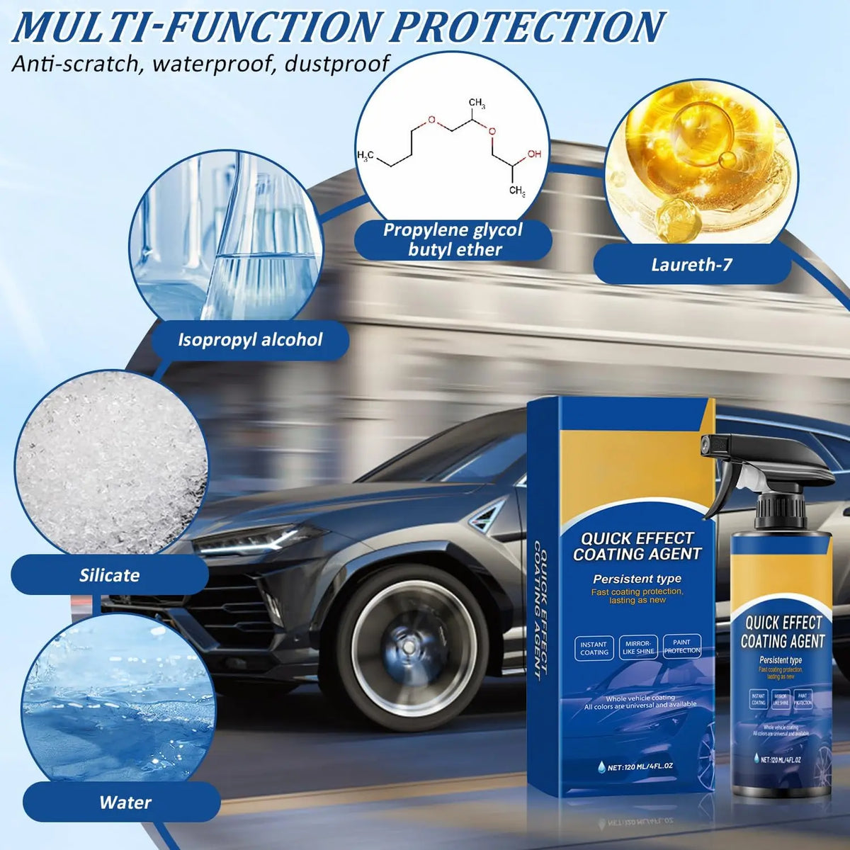 120ML New Car Multifunctional Quick Effect Coating Agent Spray 3 in 1 High Protection Quickly Coat Car Wax Auto Scratch Wax Polish Spray Waterless Wash