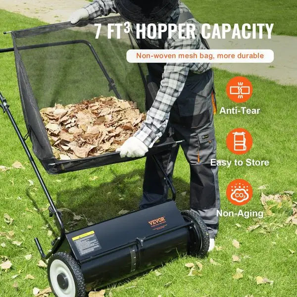 SucceBuy Push Lawn Sweeper, 26 Inch Leaf & Grass Collector, Strong Rubber Wheels & Heavy Duty Thickened Steel
