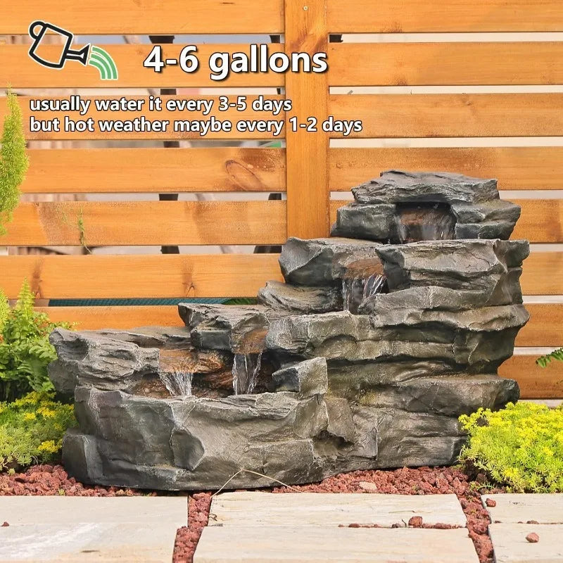 37" L Garden Outdoor Water Fountain, Standing 5-Tiers Waterfall, Natural Rock-Looking Waterfall, Outdoor Fountains with LED Lights for Patio,