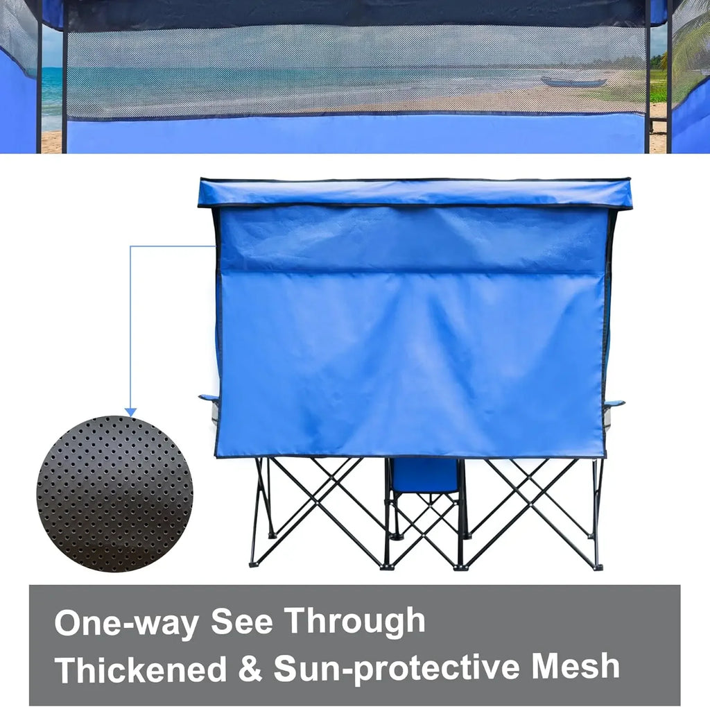 Double Beach Chair with Canopy Shade Heavy Duty Camping Chairs with Cup Holder Folding Loveseat for Outside Lawn