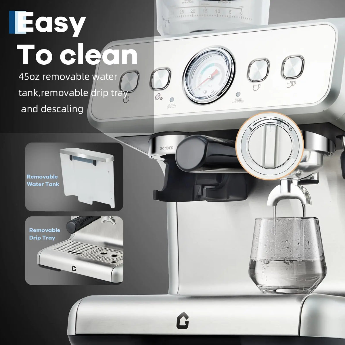 HiMiss Espresso Machine With Grinder 20 Bar Stainless Steel Pressure Maker Featuring Removable 2.8L Water Tank Adjustable Shot Volume Professional For Home Barista And Office