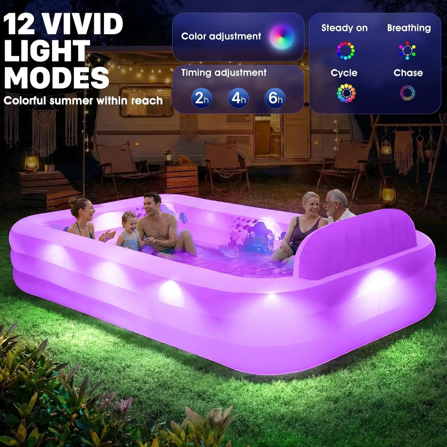 120x73x20in Inflatable Pool with Solar LED Lights, 3D Ocean Theme, for Adults & Kids