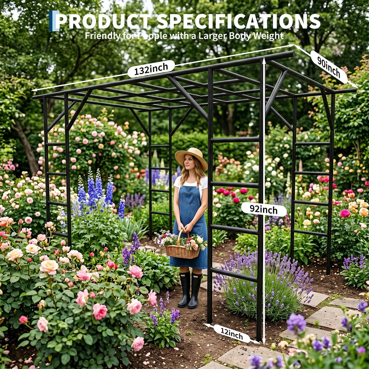 HiMiss 132in Garden Arch Trellis For Cucumber Grape Vine, Heavy Duty Metal Plant Trellis For Climbing Vegetables Flowers Raised Beds