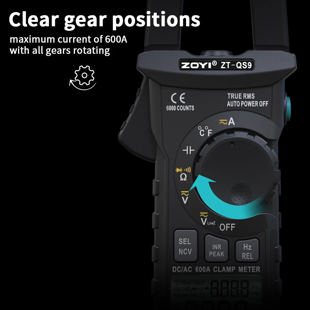 ZOYI Digital Clamp Meter 600A Current True RMS Smart Plier ammeter Auto Rang 6000 Multimeter DC AC Voltage Hz Ohm NCV Tester