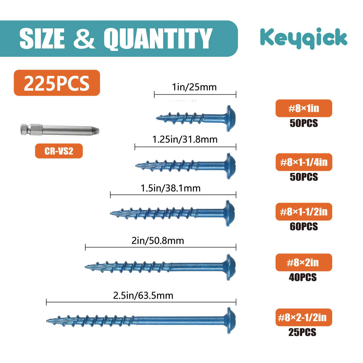 Keyqick 225pcs Square Hole Screw Combination, 5 Sizes, #8 Pocket Screw, Blue Anti Rust Coated Pocket Hole Screw, Used for External, Square Drive, Including Drive Head, Multifunctional Durable Wood Screws, Suitable for Home/In