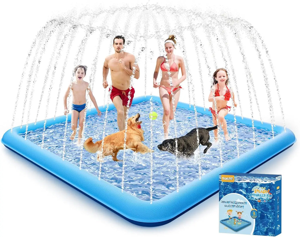 Raxurt Kiddie Sprinkler Pool PVC Material Large Size Non-Slip With Sprinkler Summer Blue