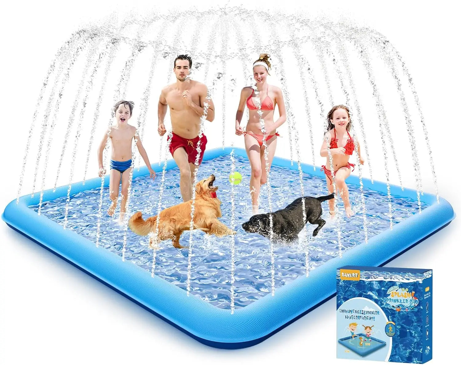 Raxurt Kiddie Sprinkler Pool PVC Material Large Size Non-Slip With Sprinkler Summer Blue