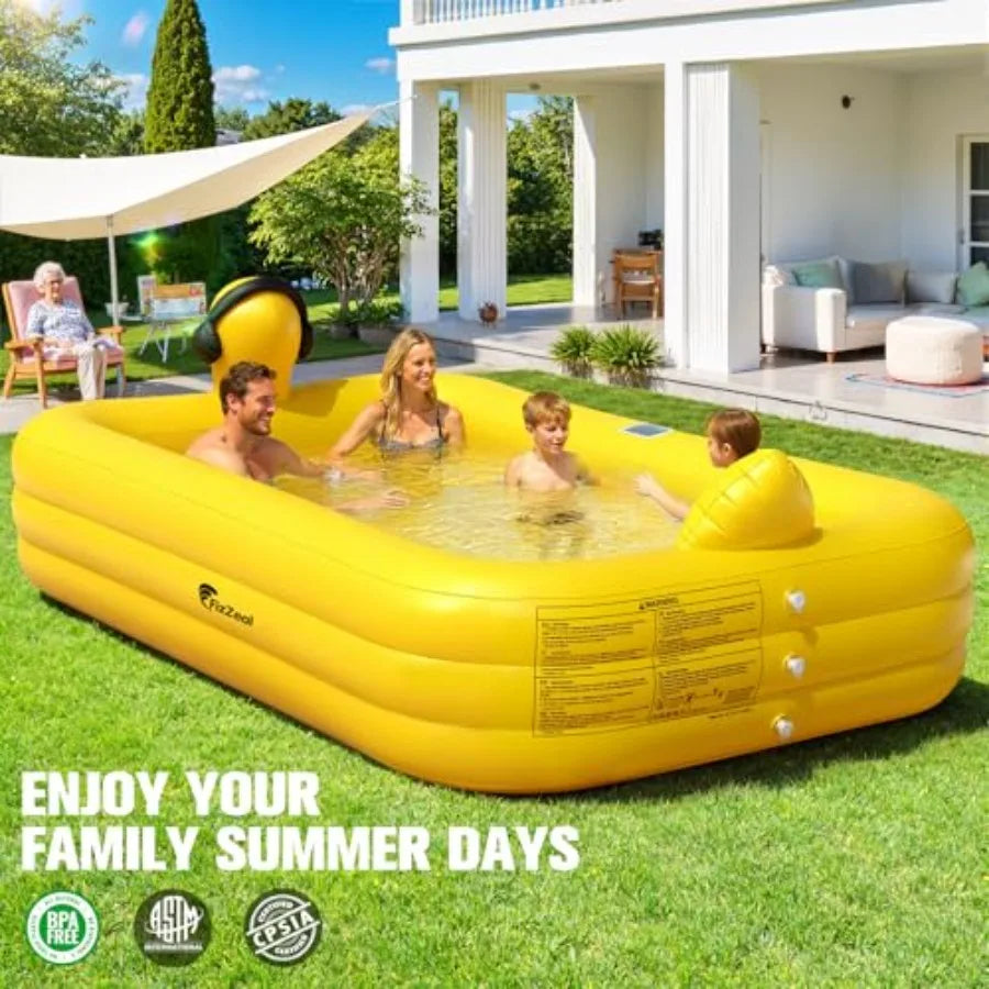 FizZeal Backyard inflatable pool for kids and adults PVC material blue solar-powered lights durable thickened design 100"x63"x22"