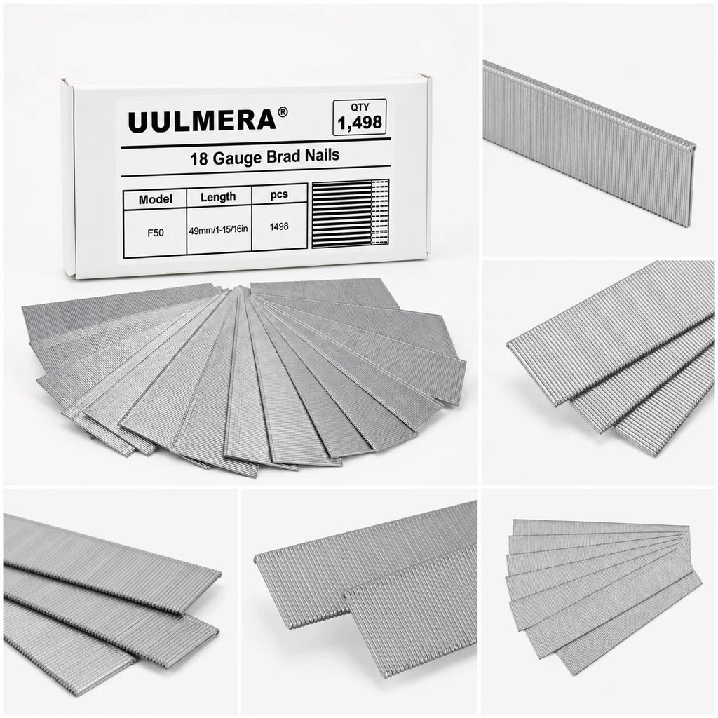 UULMERA 1498PCS 18 Gauge Brad Nails, F15/F20/F25/F30/F38/F50 Galvanized Nail Gun Nails for Pneumatic, Electric Brad Nailer Gun