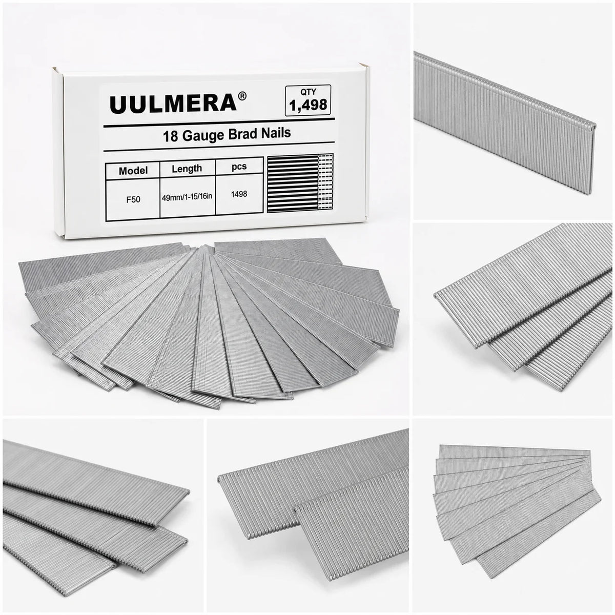 UULMERA 1498PCS 18 Gauge Brad Nails, F15/F20/F25/F30/F38/F50 Galvanized Nail Gun Nails for Pneumatic, Electric Brad Nailer Gun