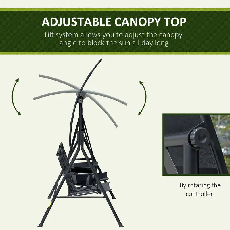 Outsunny 2-Seat Outdoor Porch Swing, with Pivot Storage Table, Cup Holder, & Adjustable Overhead Canopy, Stand's Skid-Resistant Feet Pad, Breathable Mesh Seat, Steel Frame, for Patio, Black