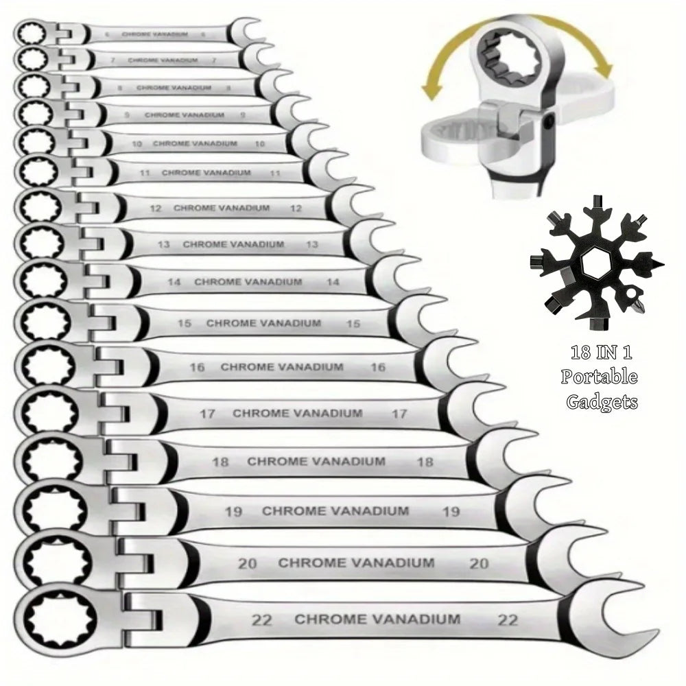 Flexible Ratcheting Combination Wrench Set, 6-17mm Metric Key Wrench Ratchet Spanner Metric Hand Tool Sets, Car Repair Tools