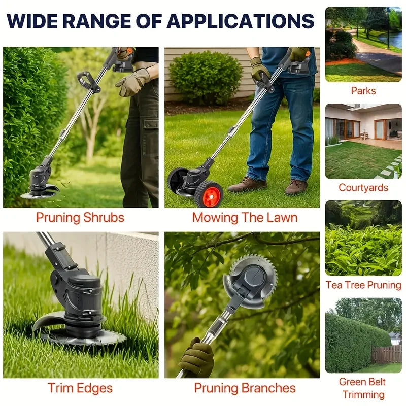 Wireless portable weed trimmer for lawn trimming. The trimmer is equipped with 2 lithium batteries and comes with replaceable blades