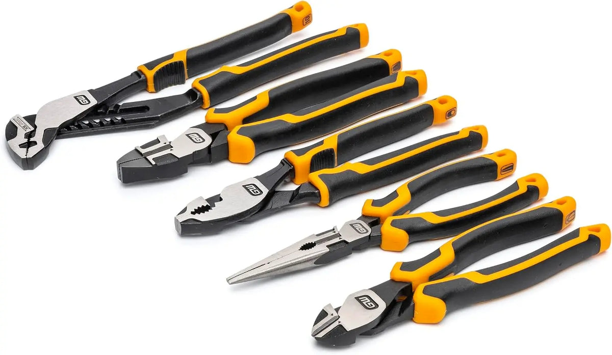 5-Piece Pitbull Pliers Set with Foam Tray, K9 Jaw, 35° Angle Grip, High Leverage, 20° Head