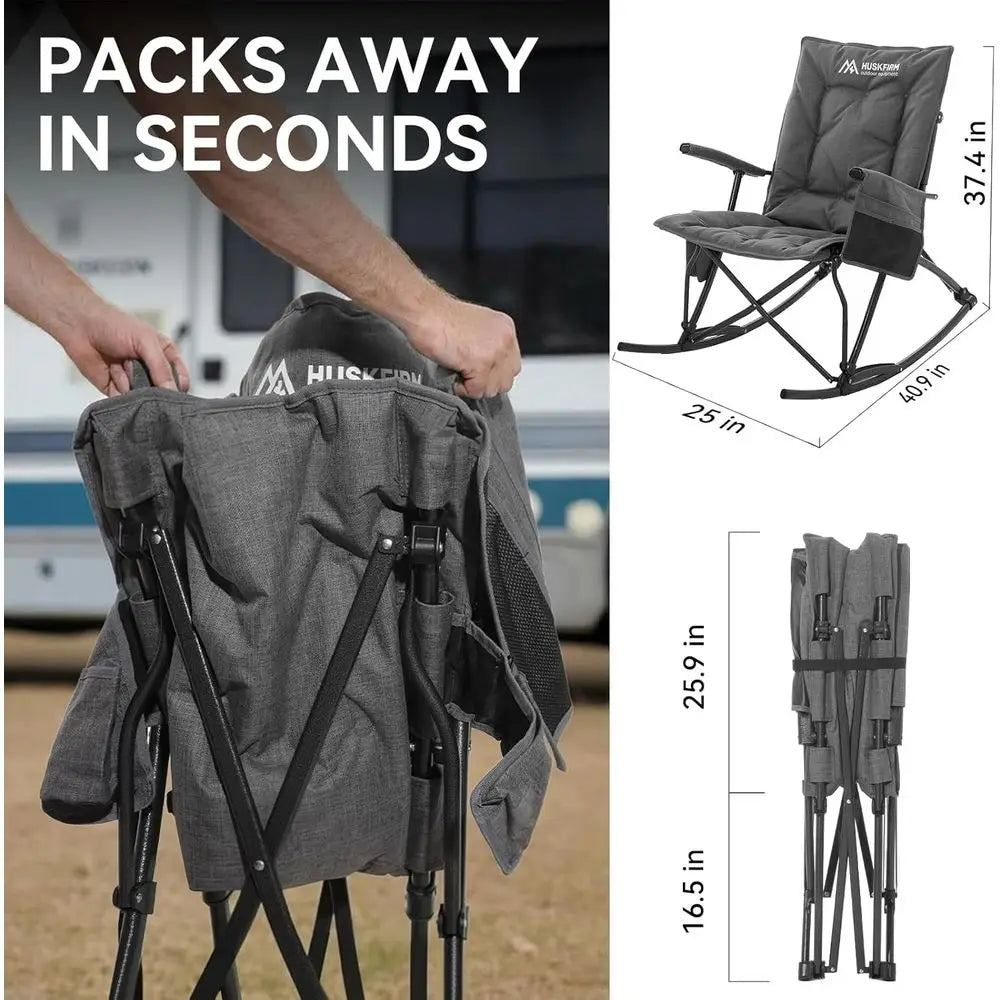 High-Back Padded Outdoor Rocking Chair for Camping, Lawn, and Patio, Portable Heavy-Duty Rocker, Supports Up to 400 lbs, Grey