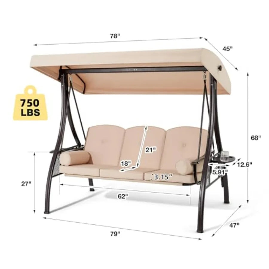 3 Person Outdoor Porch Swing with 1.5" Upgraded Cup Holder, Adjustable Canopy, Backrest, Patio Swing Bed with Weather Resistant Fabric
