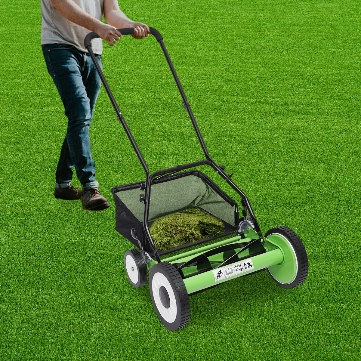 Bymaocar 16 Inch Manual Push Reel Lawn Mower 5-Blade Cordless Lawn Mower with 4 Wheels and Removable Grass Catcher for Home Garden Yard
